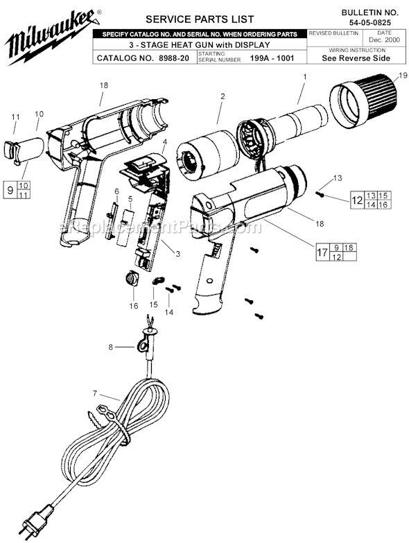 Page A Diagram and Parts List for 8988-20 SER 199A-1001 Milwaukee Heat Gun