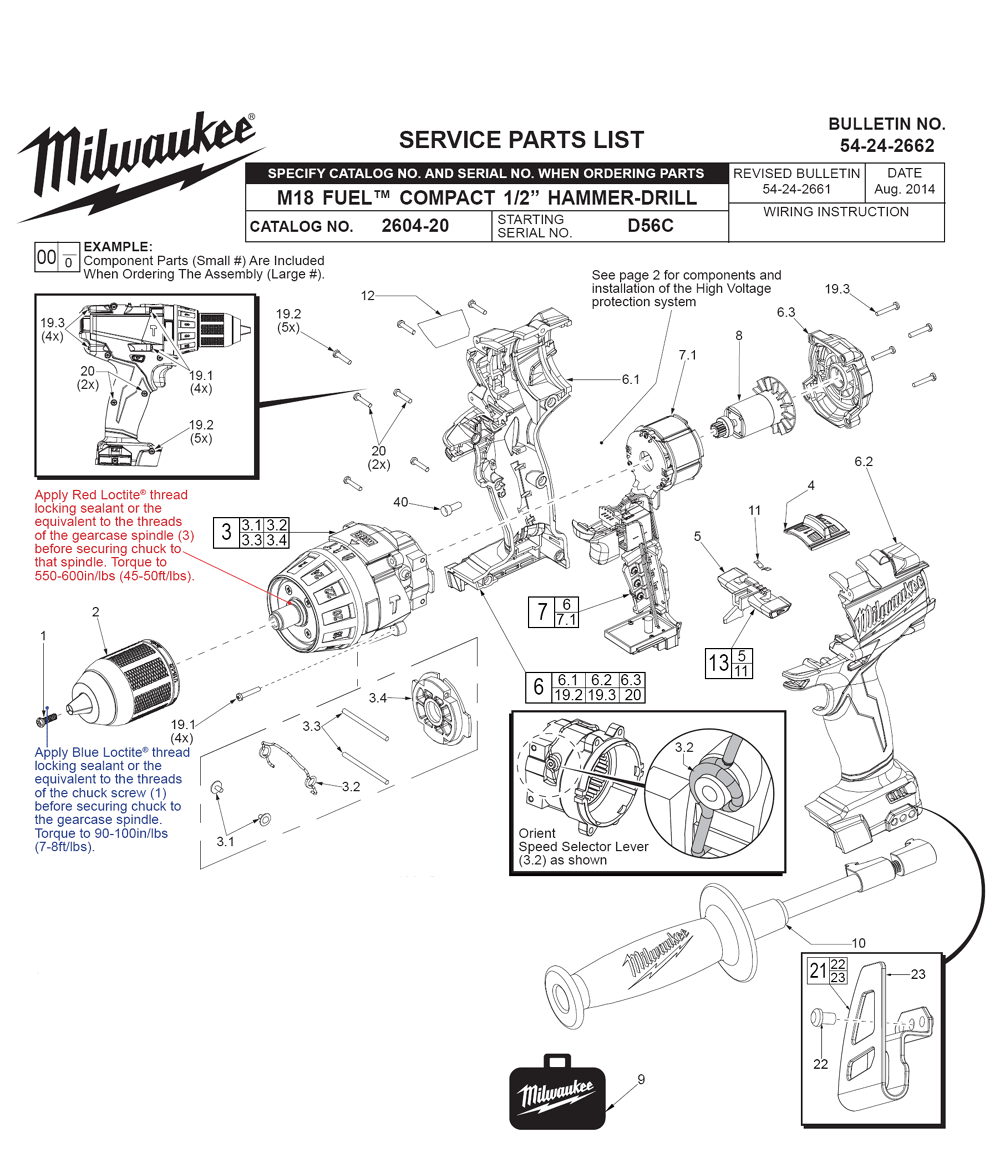 Fig-0 Diagram and Parts List for 2604-20 D56C Milwaukee Cordless Drill