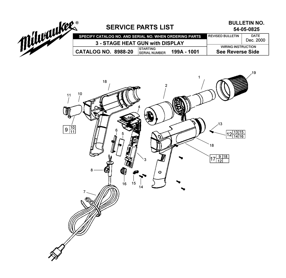 Fig-0 Diagram and Parts List for 8985 199A-1001 Milwaukee Heat Gun