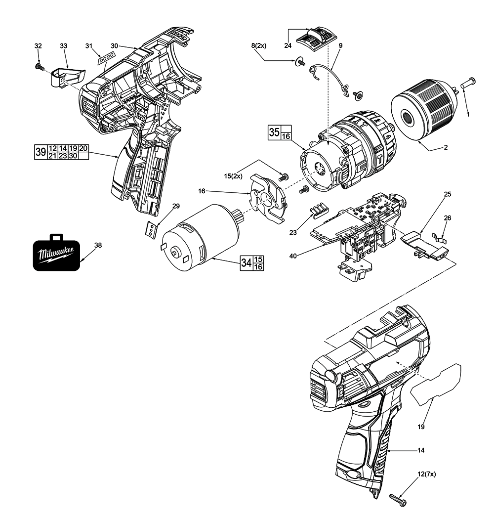 Fig-0 Diagram and Parts List for 2408-059 F55A Milwaukee Hammer Drill