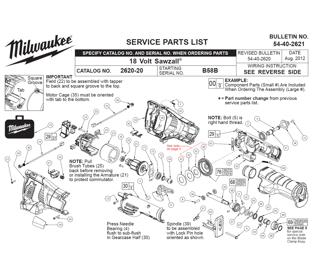 Fig-0 Diagram and Parts List for 2620-22 B58B Milwaukee Saw