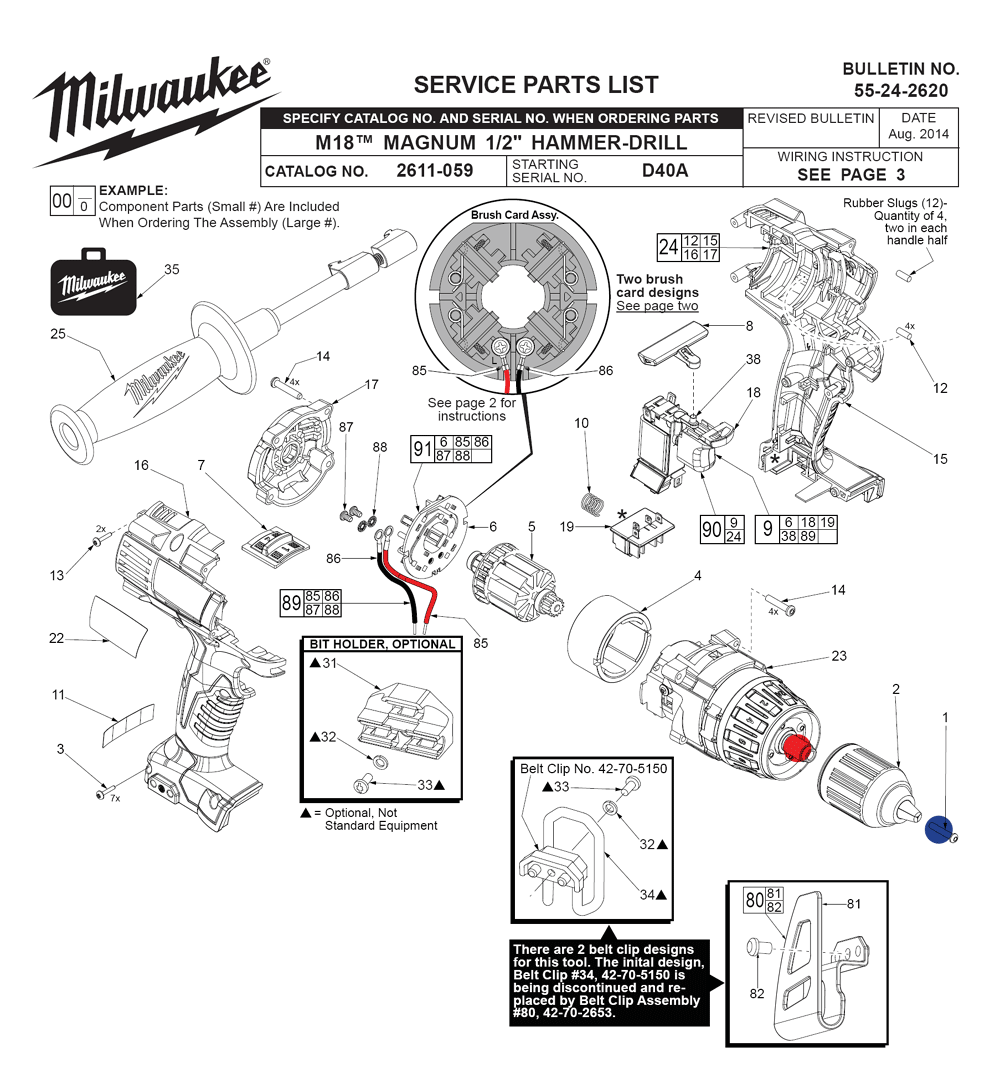 Fig-0 Diagram and Parts List for 2611-059 D40A Milwaukee Cordless Drill
