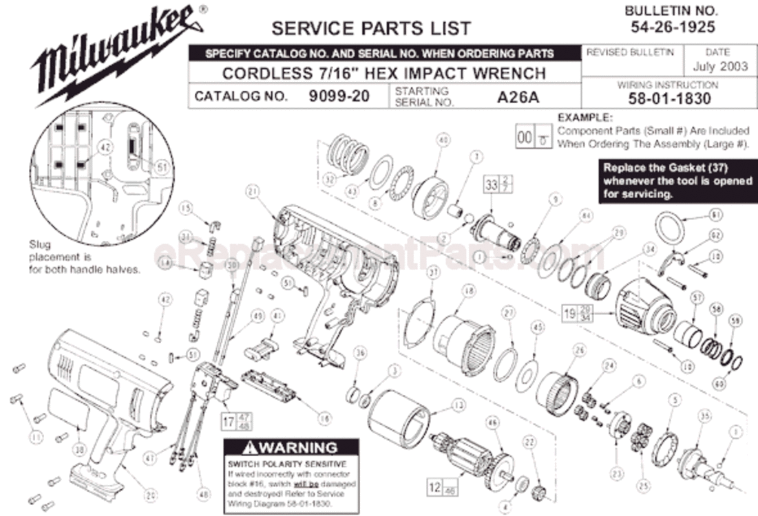 Page A Diagram and Parts List for 9099-20 SER A26A Milwaukee Impact Driver