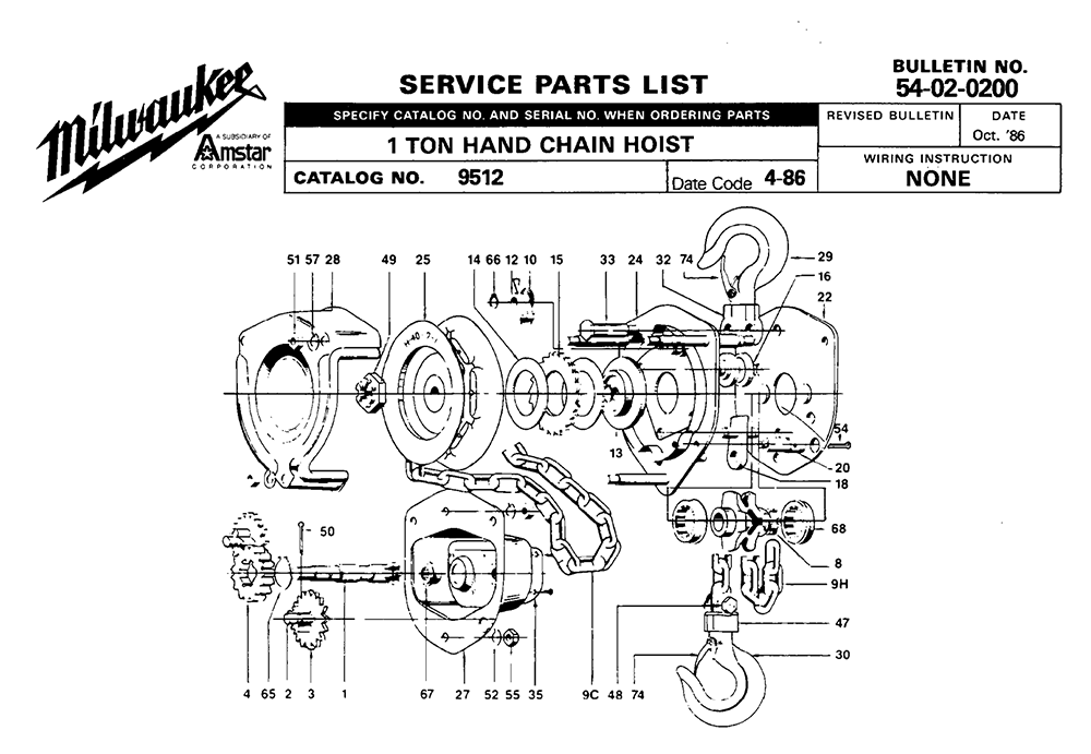 Fig-0 Diagram and Parts List for 9512 4-86 Milwaukee Hoist & Winch