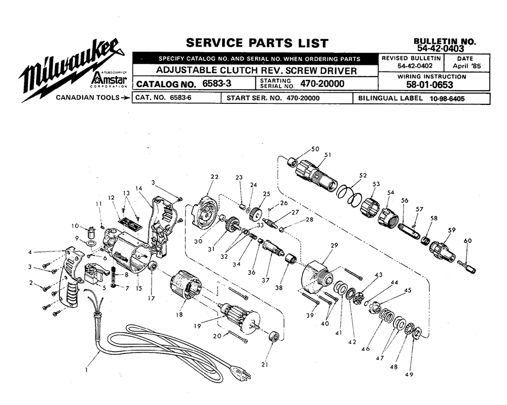 Fig-0 Diagram and Parts List for 6583-3 470-20000 Milwaukee Electric Drill