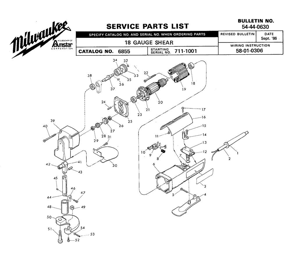 Fig-0 Diagram and Parts List for 6855 711-1001 Milwaukee Nibbler & Shears