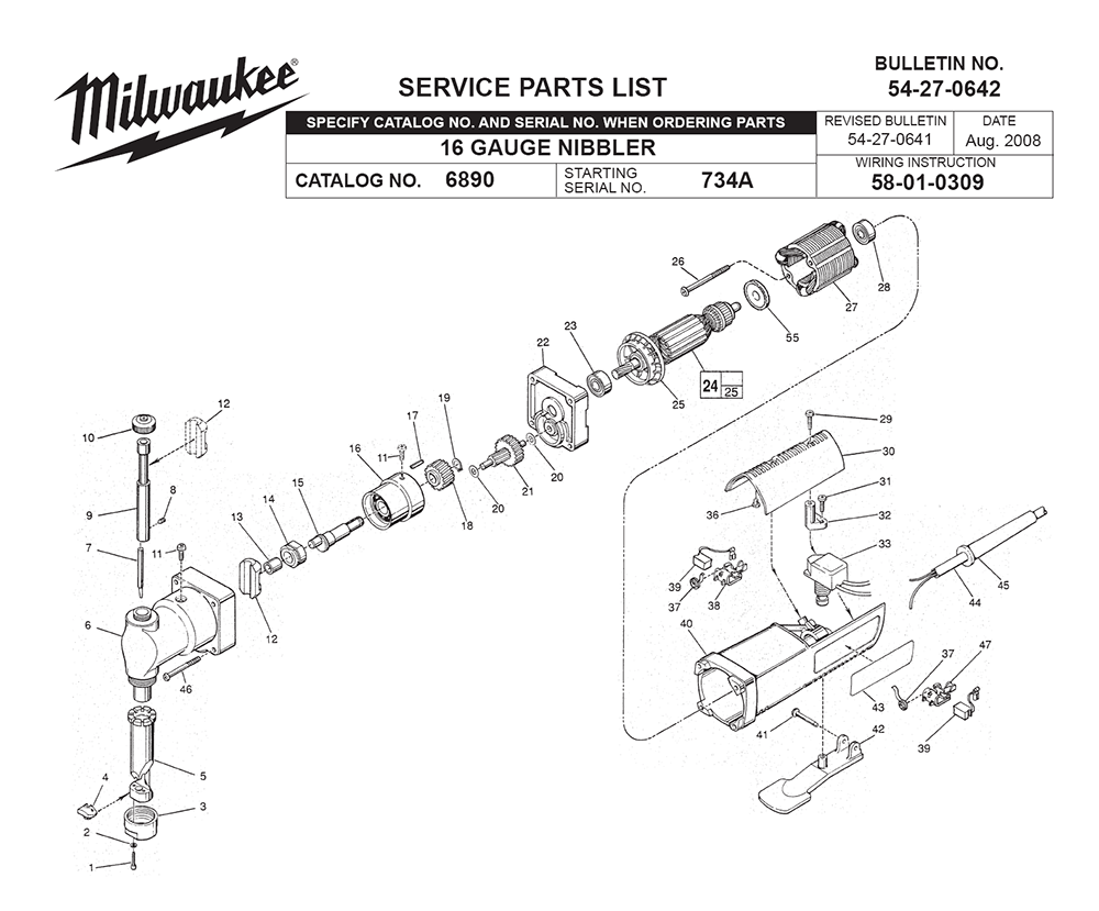 Fig-0 Diagram and Parts List for 6890 734A Milwaukee Nibbler & Shears