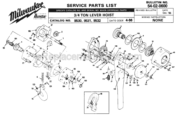 Page A Diagram and Parts List for 9530 SER 4-86 Milwaukee Hoist & Winch