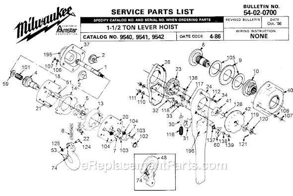 Page A Diagram and Parts List for 9542 SER 4-86 Milwaukee Hoist & Winch