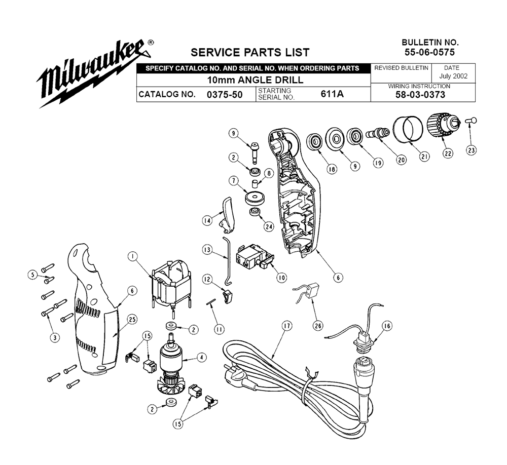 Fig-0 Diagram and Parts List for 0375-50 611A Milwaukee Electric Drill