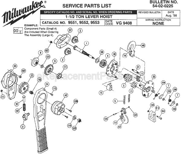 Page A Diagram and Parts List for 9551 SER VG 9408 Milwaukee Hoist & Winch
