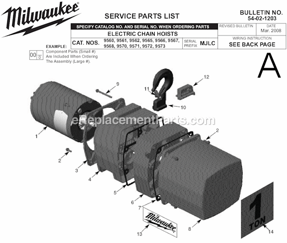 Page A Diagram and Parts List for 9567 SER MJLC Milwaukee Hoist & Winch
