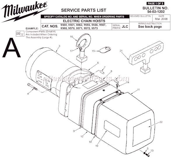 Page A Diagram and Parts List for 9571 SER JLC Milwaukee Hoist & Winch