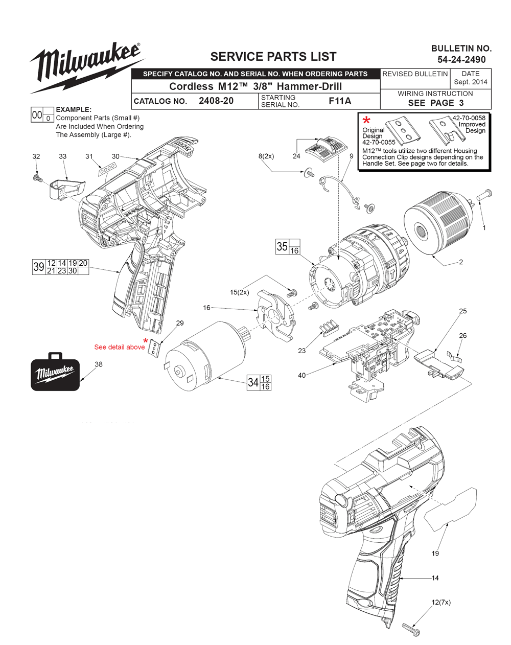 Fig-0 Diagram and Parts List for 2408-20 F11A Milwaukee Hammer Drill