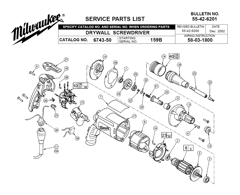 Fig-0 Diagram and Parts List for 6743-50 159B Milwaukee Electric Drill