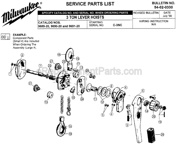 Page A Diagram and Parts List for 9689-20 SER C-3NC Milwaukee Hoist & Winch