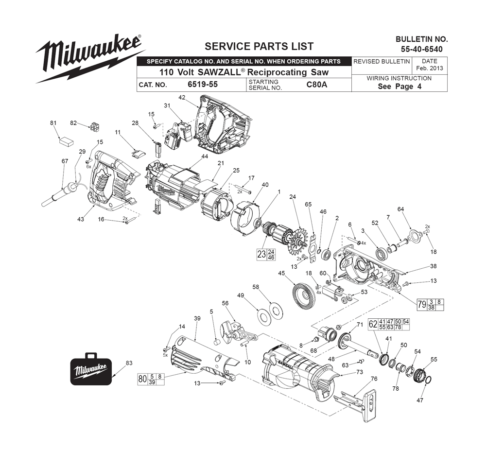 Fig-0 Diagram and Parts List for 6519-55 C80A Milwaukee Saw