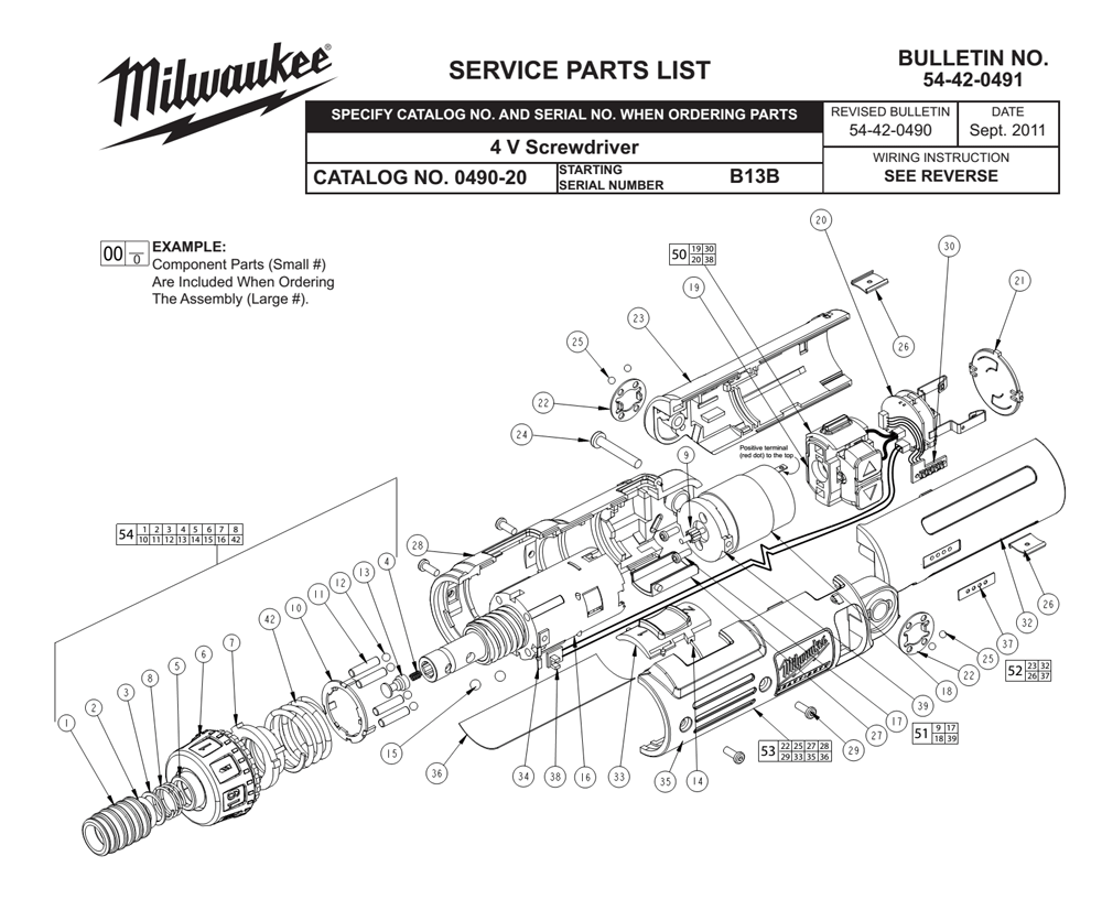 Fig-0 Diagram and Parts List for 0490-20 B13B Milwaukee Electric Drill