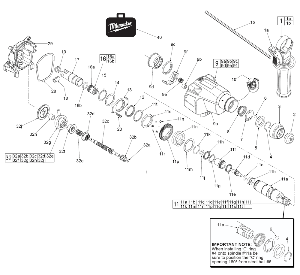 Fig-1 Diagram and Parts List for 2605-22 D14A Milwaukee Hammer Drill