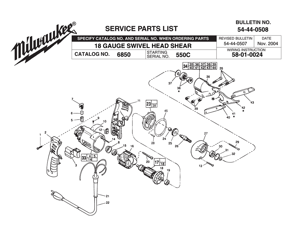 Fig-0 Diagram and Parts List for 6850 550C Milwaukee Nibbler & Shears