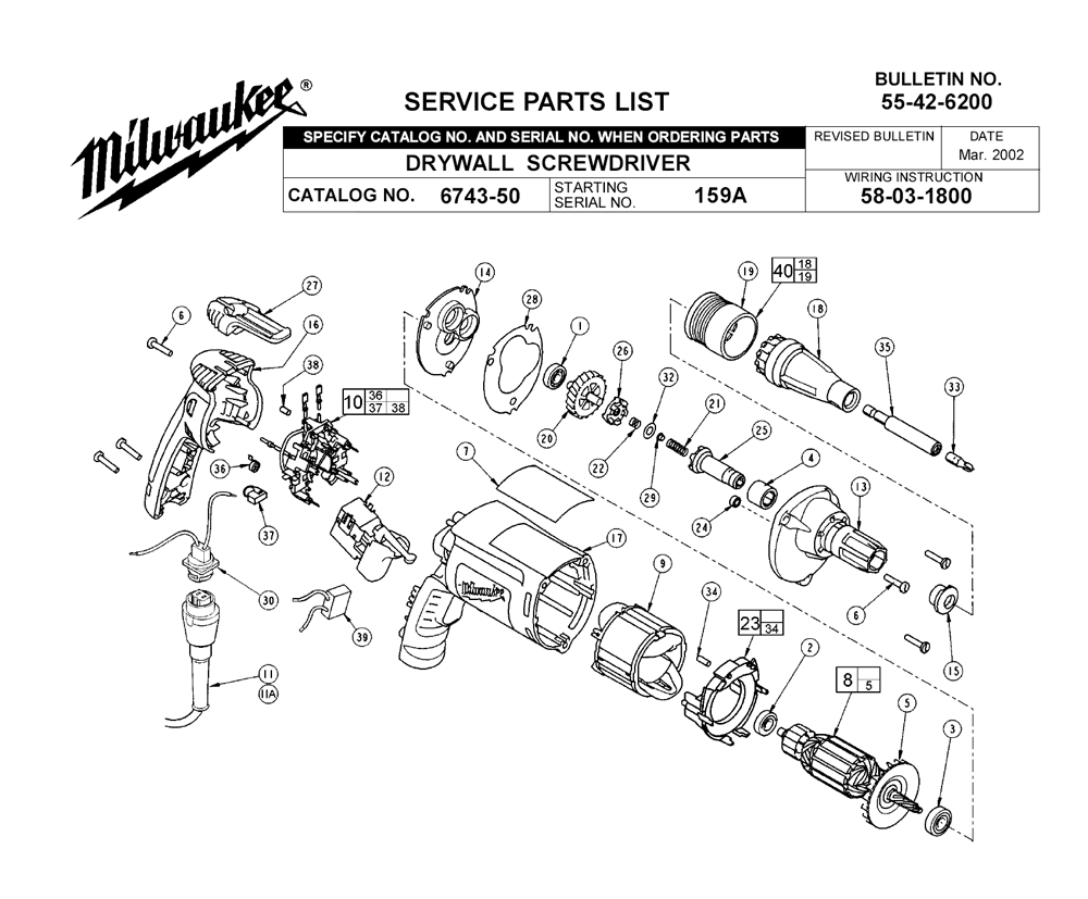 Fig-0 Diagram and Parts List for 6743-50 159A Milwaukee Electric Drill