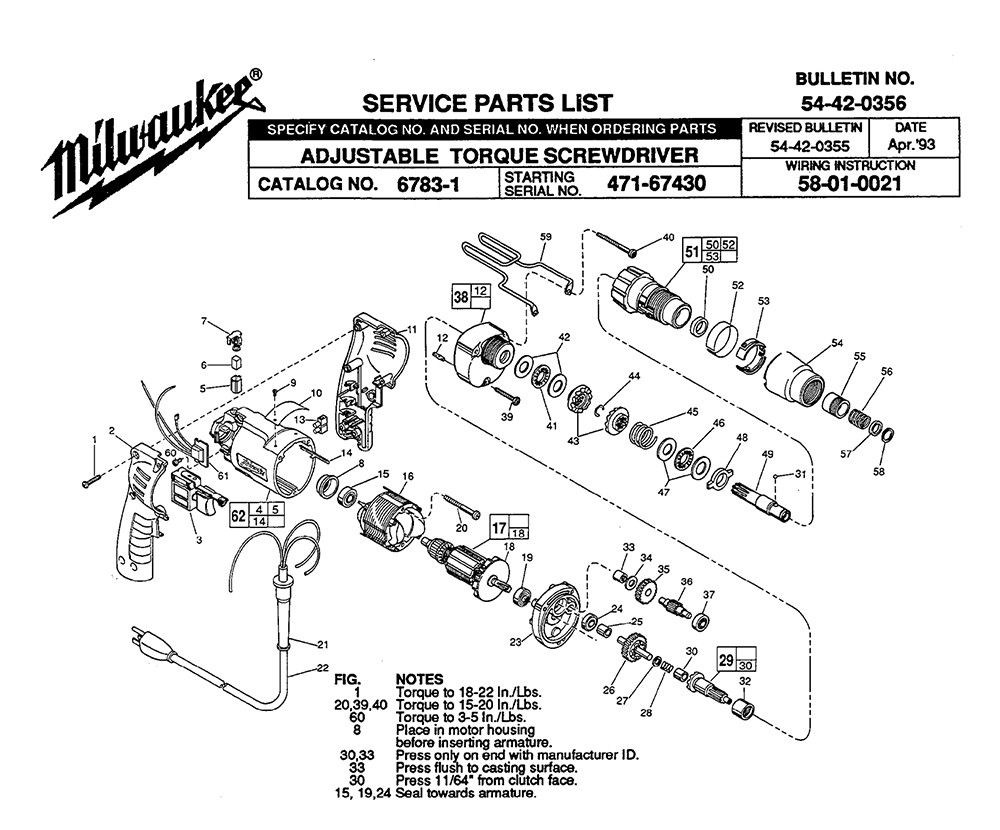 Fig-0 Diagram and Parts List for 6783-3 471-67430 Milwaukee Electric Drill