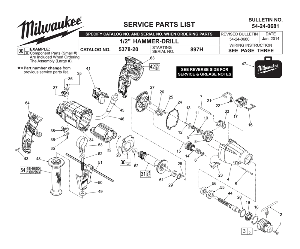 Fig-0 Diagram and Parts List for 5378-20 897H Milwaukee Electric Drill