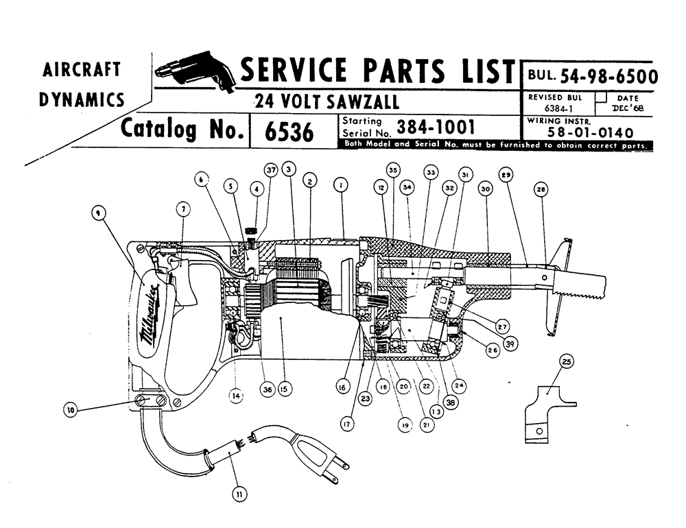Fig-0 Diagram and Parts List for 6536 384-1001 Milwaukee Saw