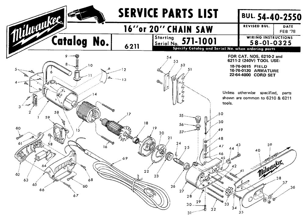 Fig-0 Diagram and Parts List for 6211-2 571-1001 Milwaukee Saw