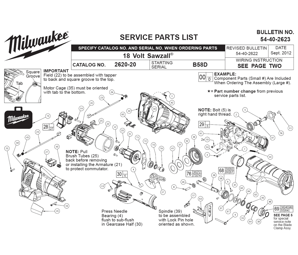 Fig-0 Diagram and Parts List for 2620-21 B58D Milwaukee Saw