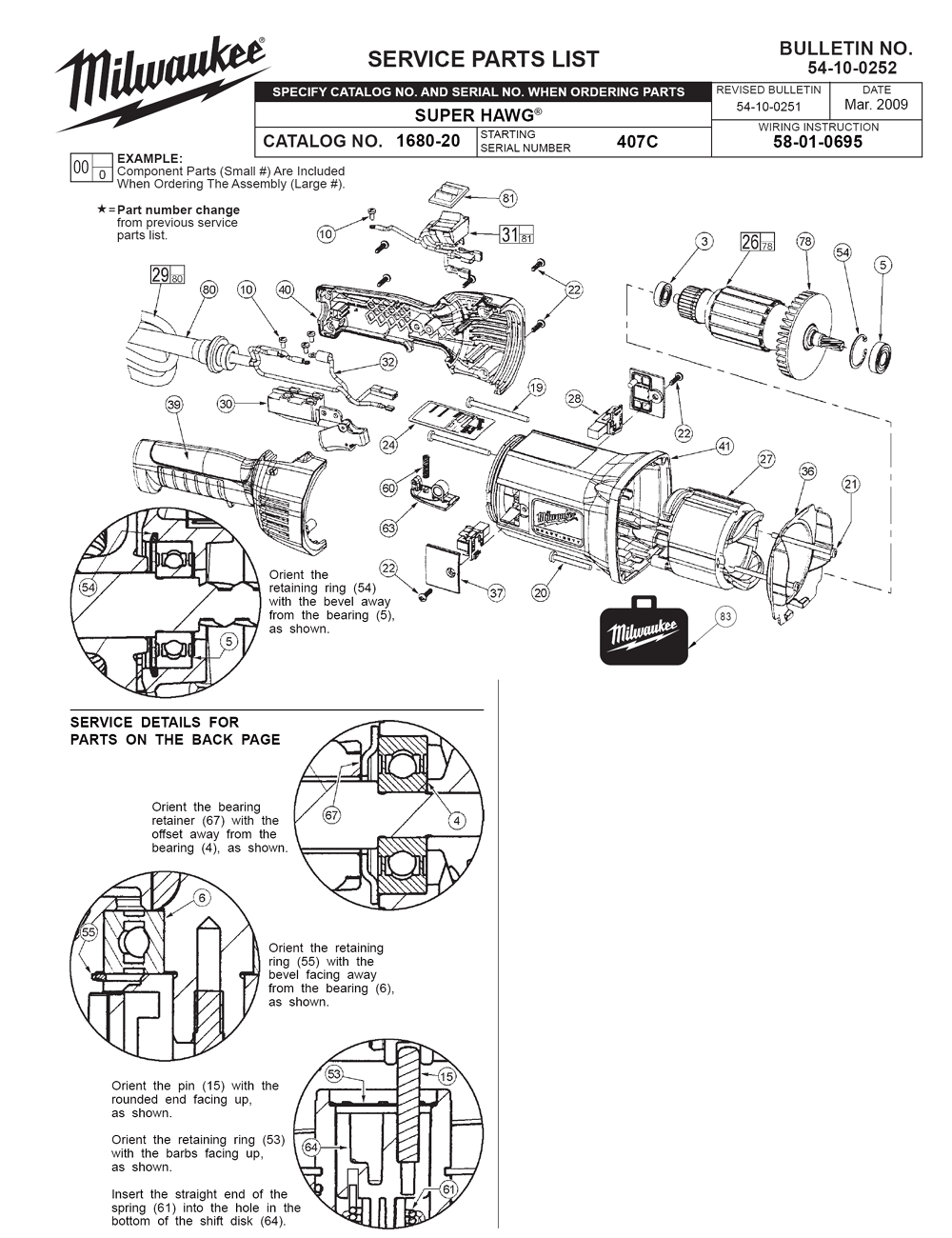 Fig-0 Diagram and Parts List for 1680-21 407C Milwaukee Electric Drill