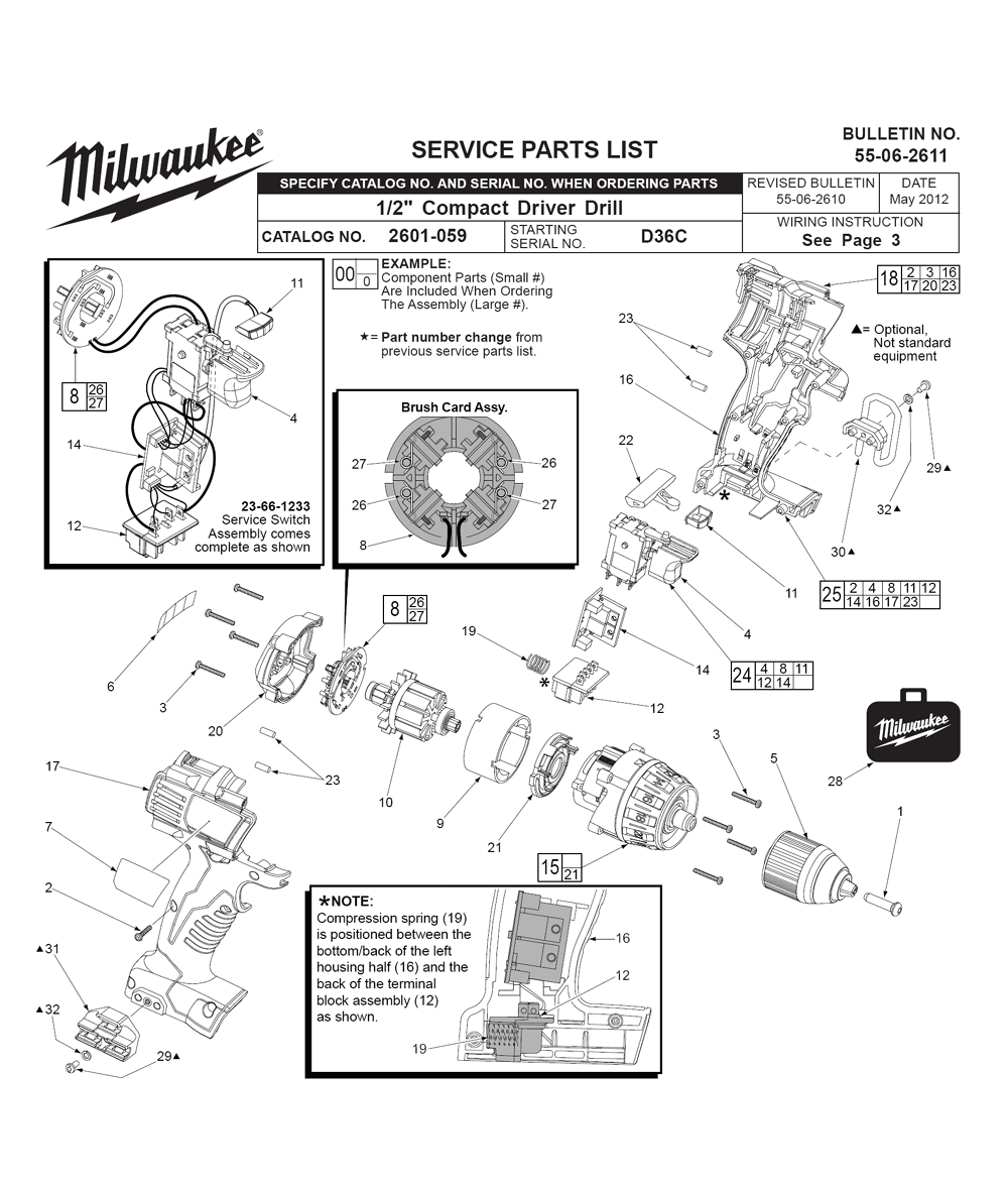 Fig-0 Diagram and Parts List for 2601-059 D36B Milwaukee Cordless Drill