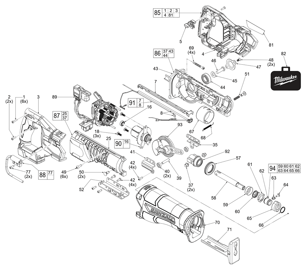 Fig-0 Diagram and Parts List for 2821-20 L37A Milwaukee Reciprocating Saw