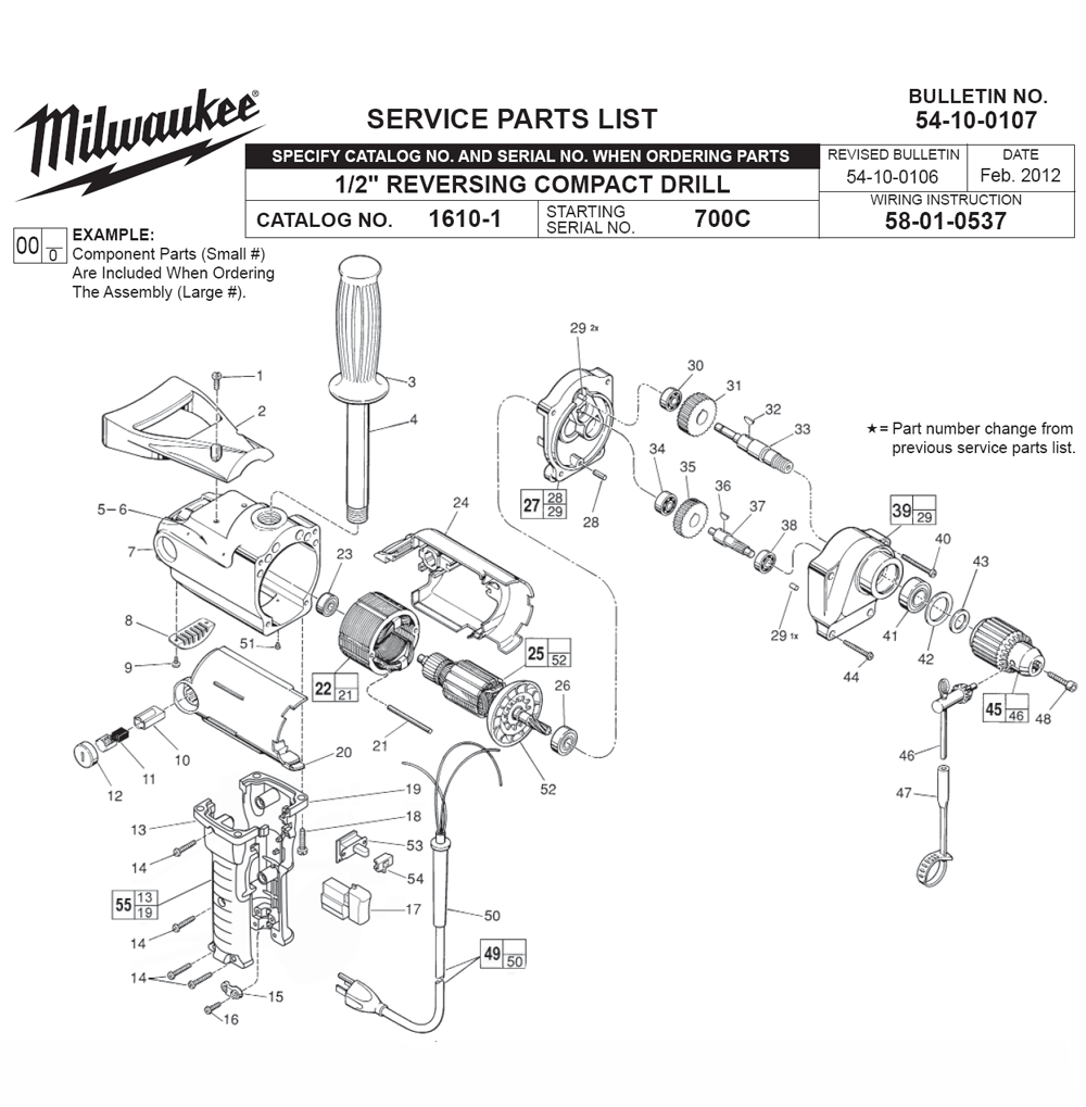 Fig-0 Diagram and Parts List for 1610-1 700C Milwaukee Electric Drill