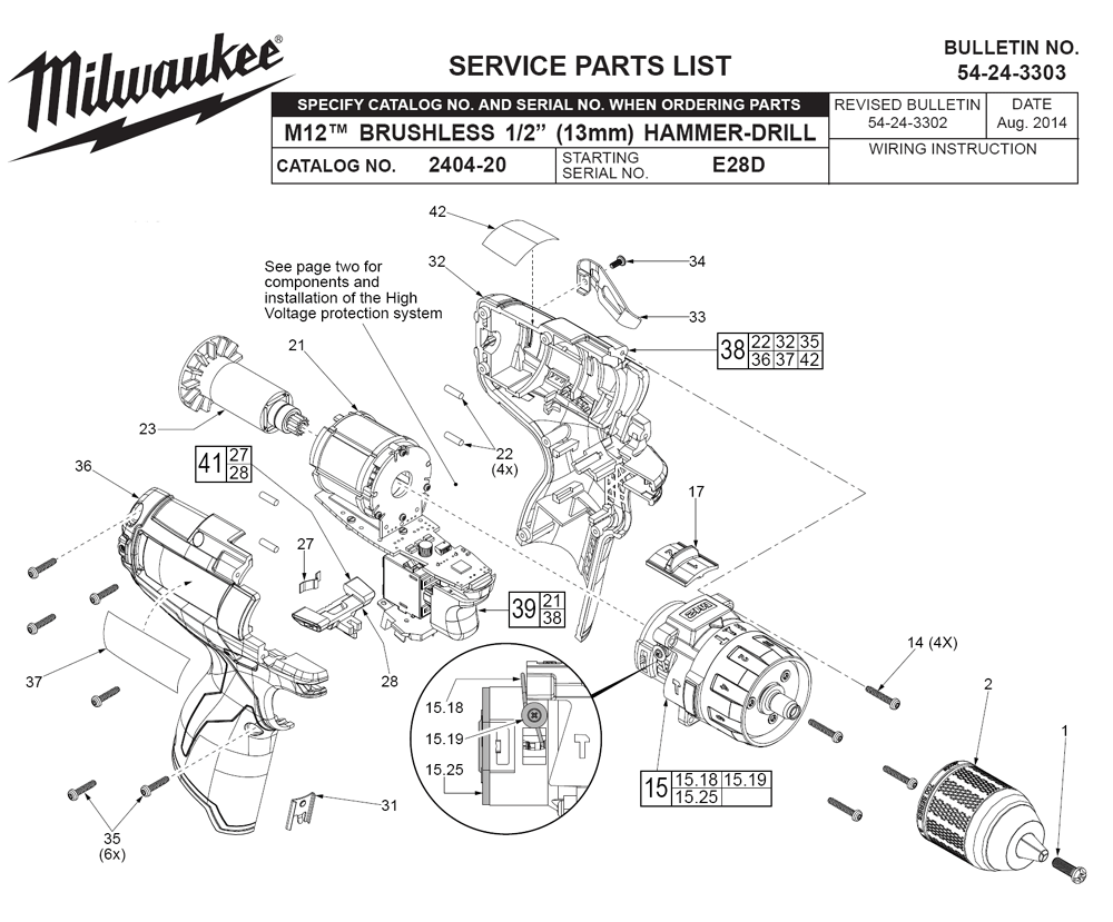 Fig-0 Diagram and Parts List for 2404-20 E28D Milwaukee Cordless Drill