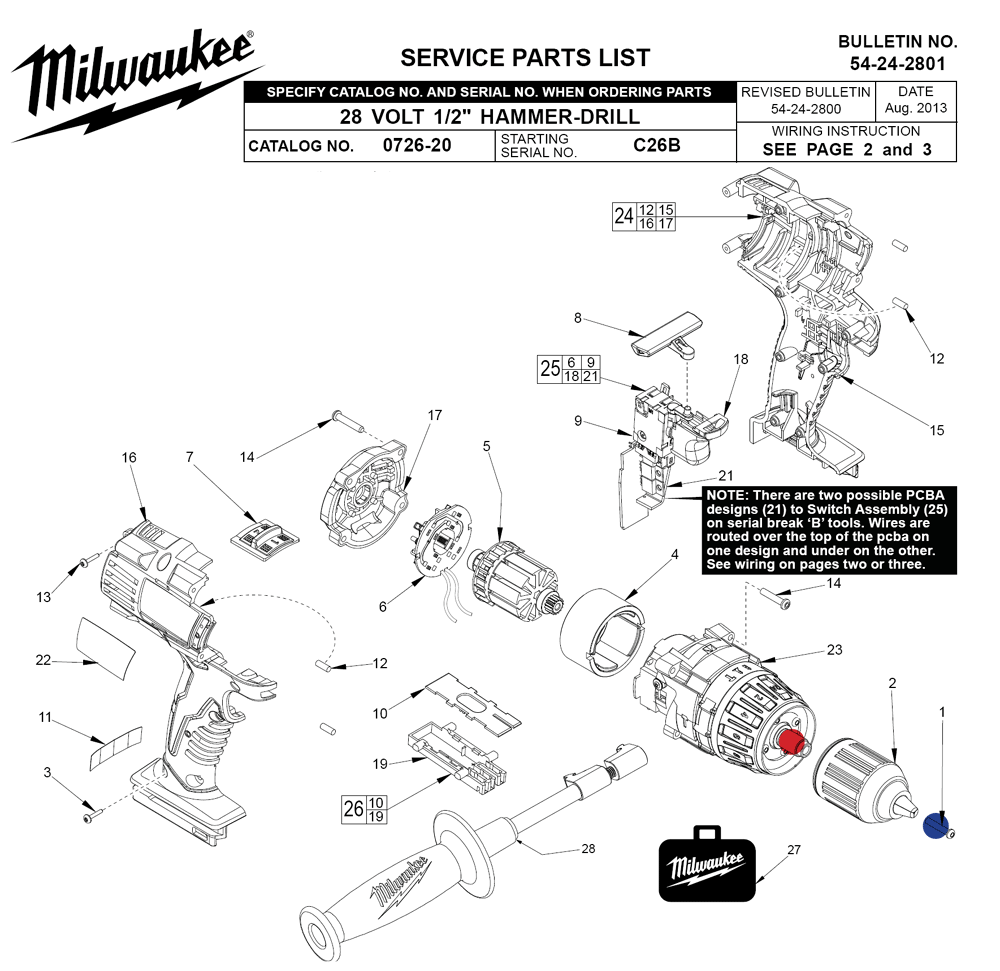Fig-0 Diagram and Parts List for 0726-22 C26B Milwaukee Cordless Drill