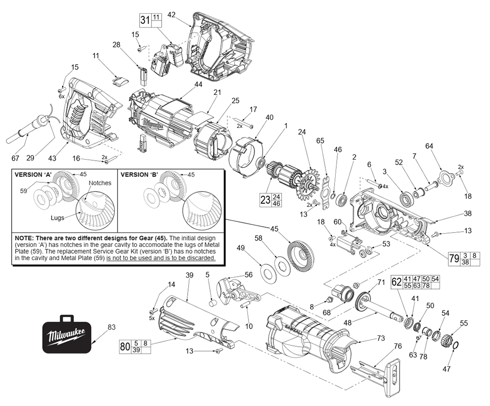 Fig-0 Diagram and Parts List for 6519-30 C25D Milwaukee Saw