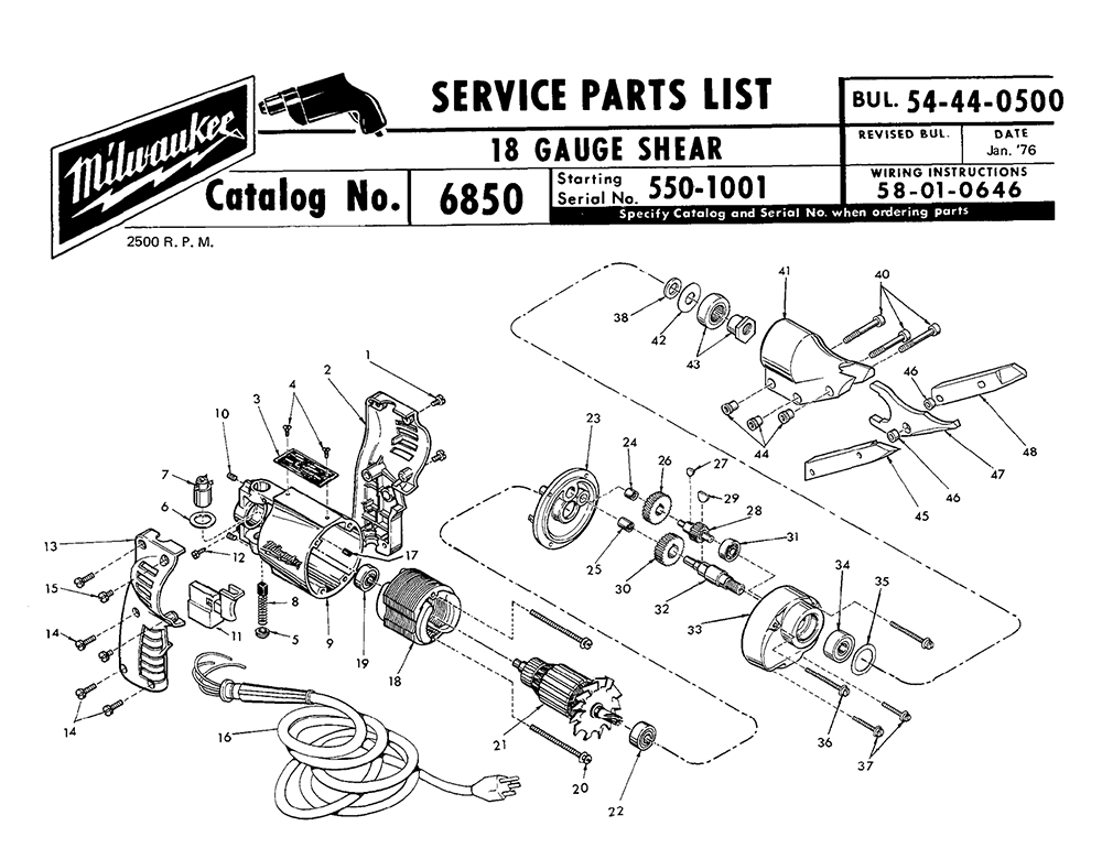 Fig-0 Diagram and Parts List for 6850 550-1001 Milwaukee Nibbler & Shears