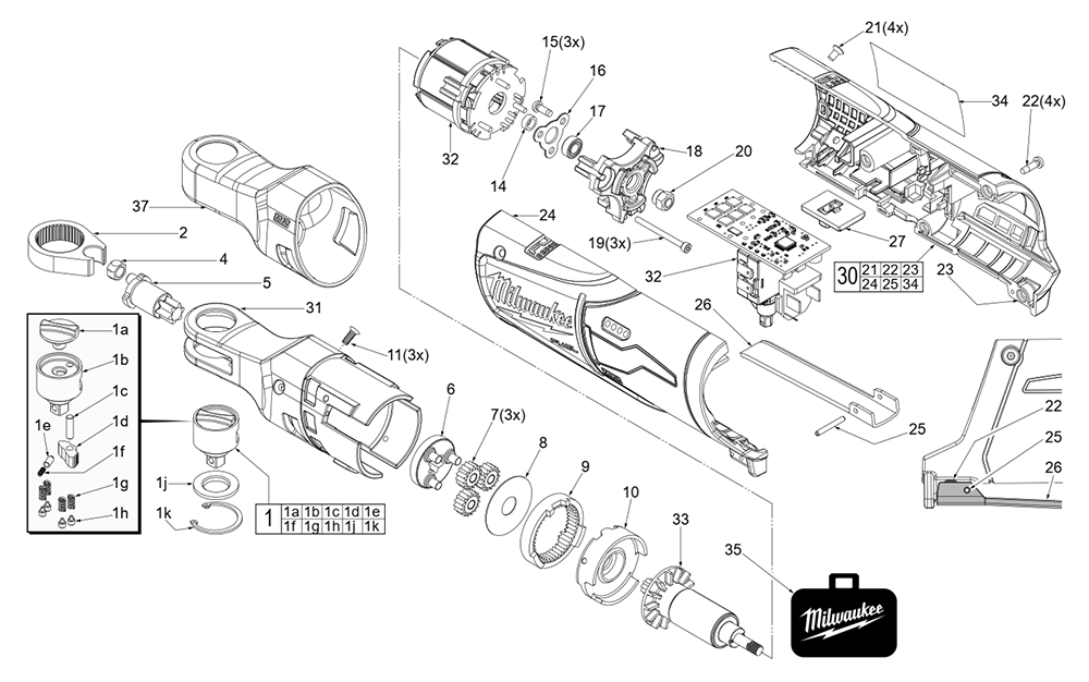 Fig-0 Diagram and Parts List for 2556-20 J18B Milwaukee Cordless Drill