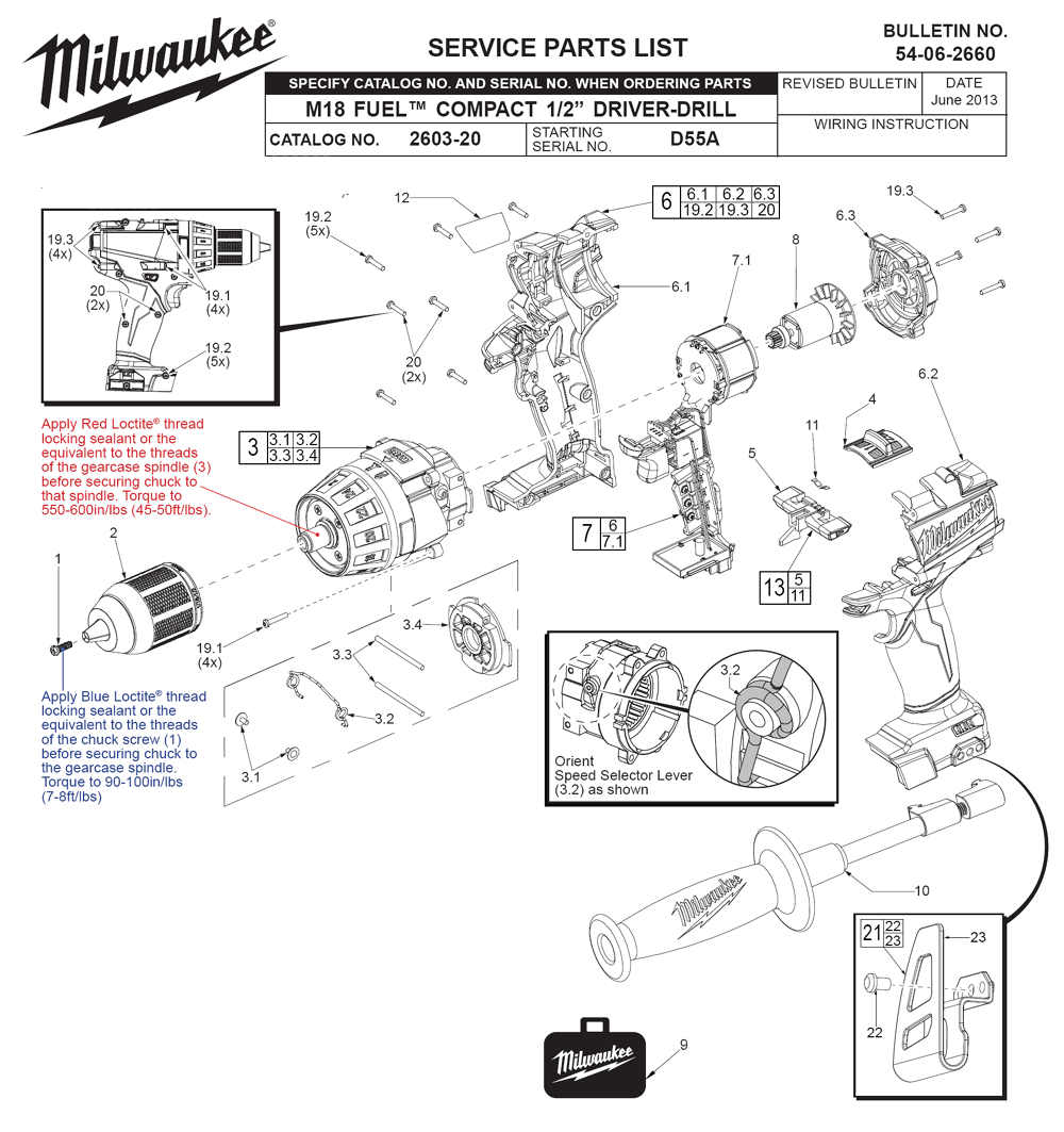 Fig-0 Diagram and Parts List for 2603-22 D55A Milwaukee Cordless Drill