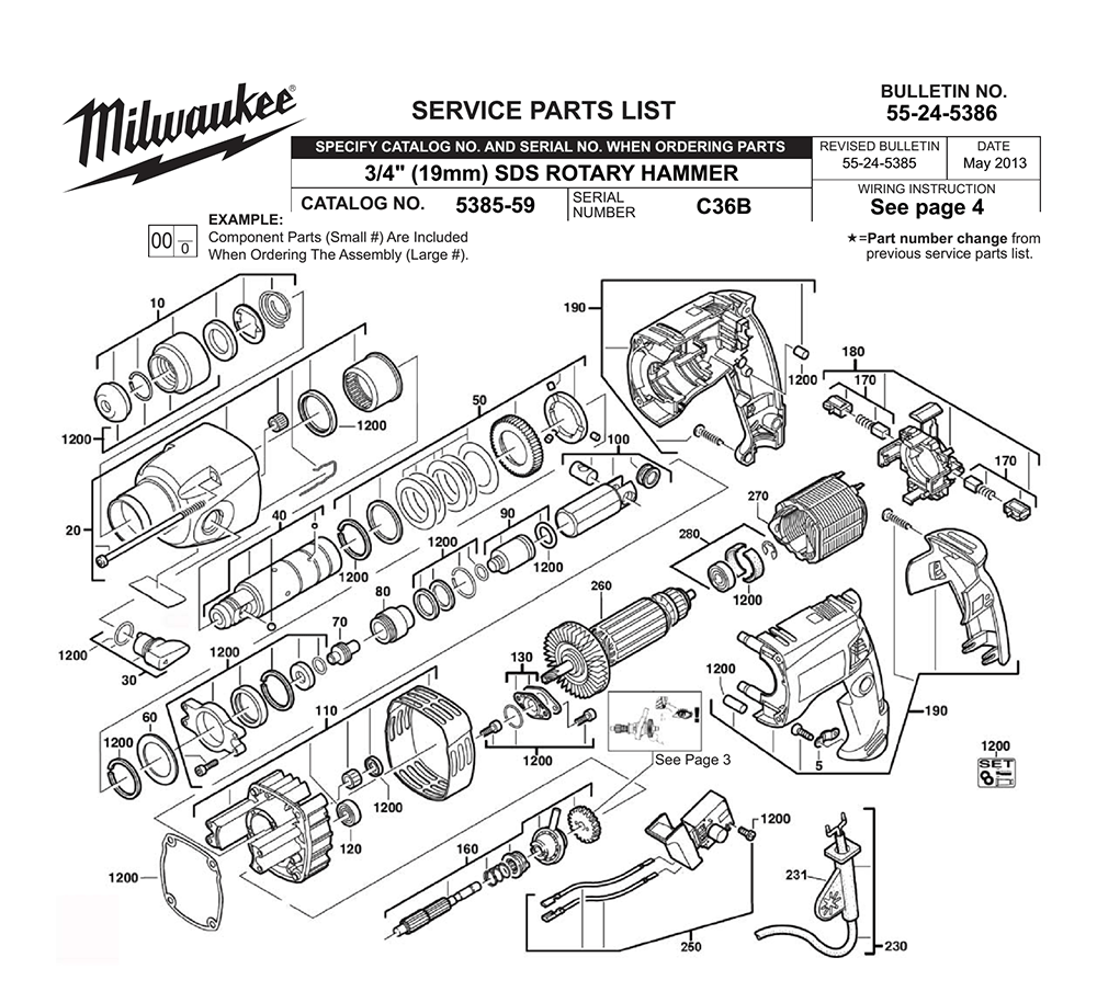 Fig-0 Diagram and Parts List for 5385-59 C36B Milwaukee Hammer Drill