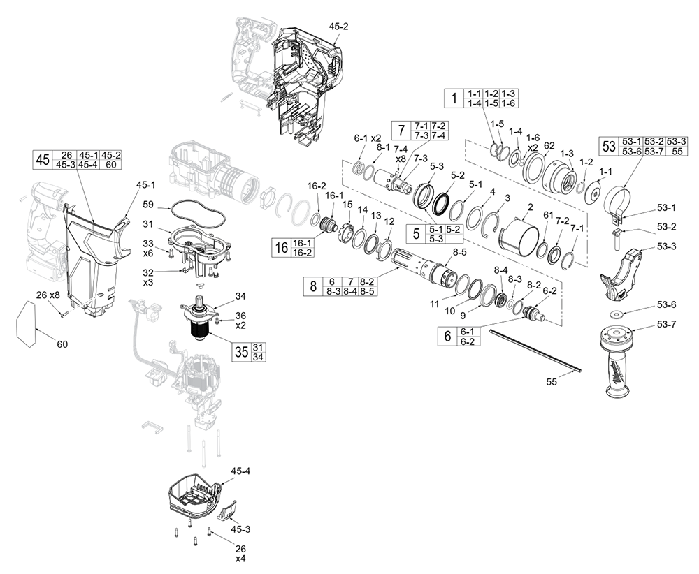 Fig-0 Diagram and Parts List for 2915-20 L87A Milwaukee Hammer Drill