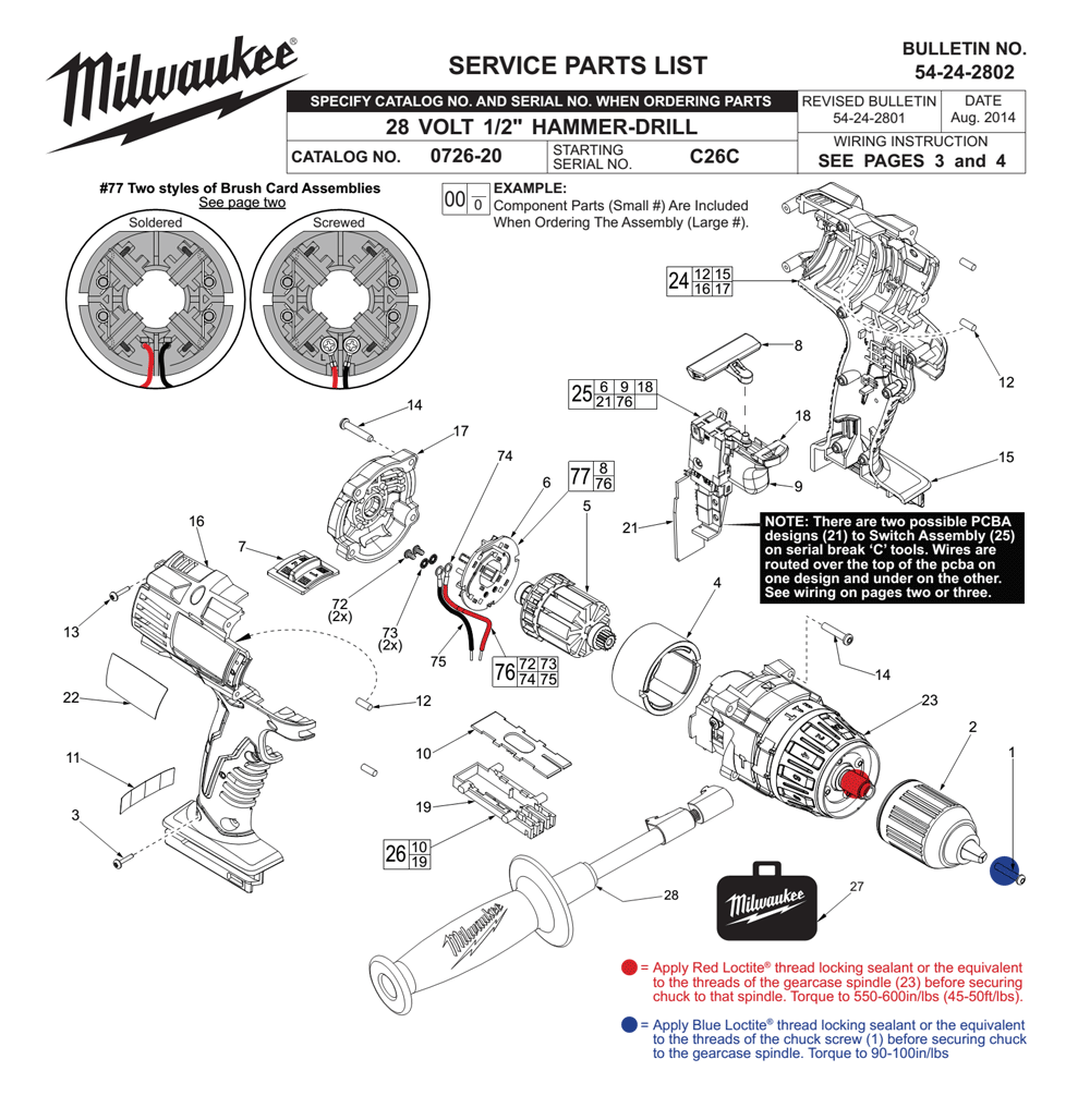 Fig-0 Diagram and Parts List for 0726-20 C26C Milwaukee Cordless Drill