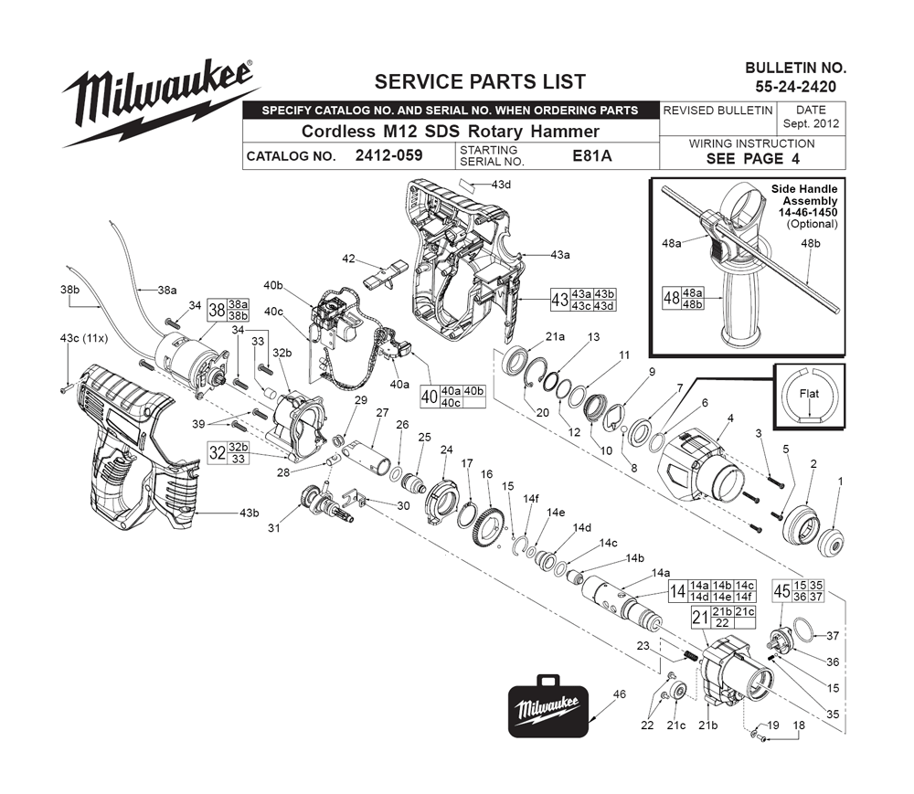 Fig-0 Diagram and Parts List for 2412-059 E81A Milwaukee Hammer Drill