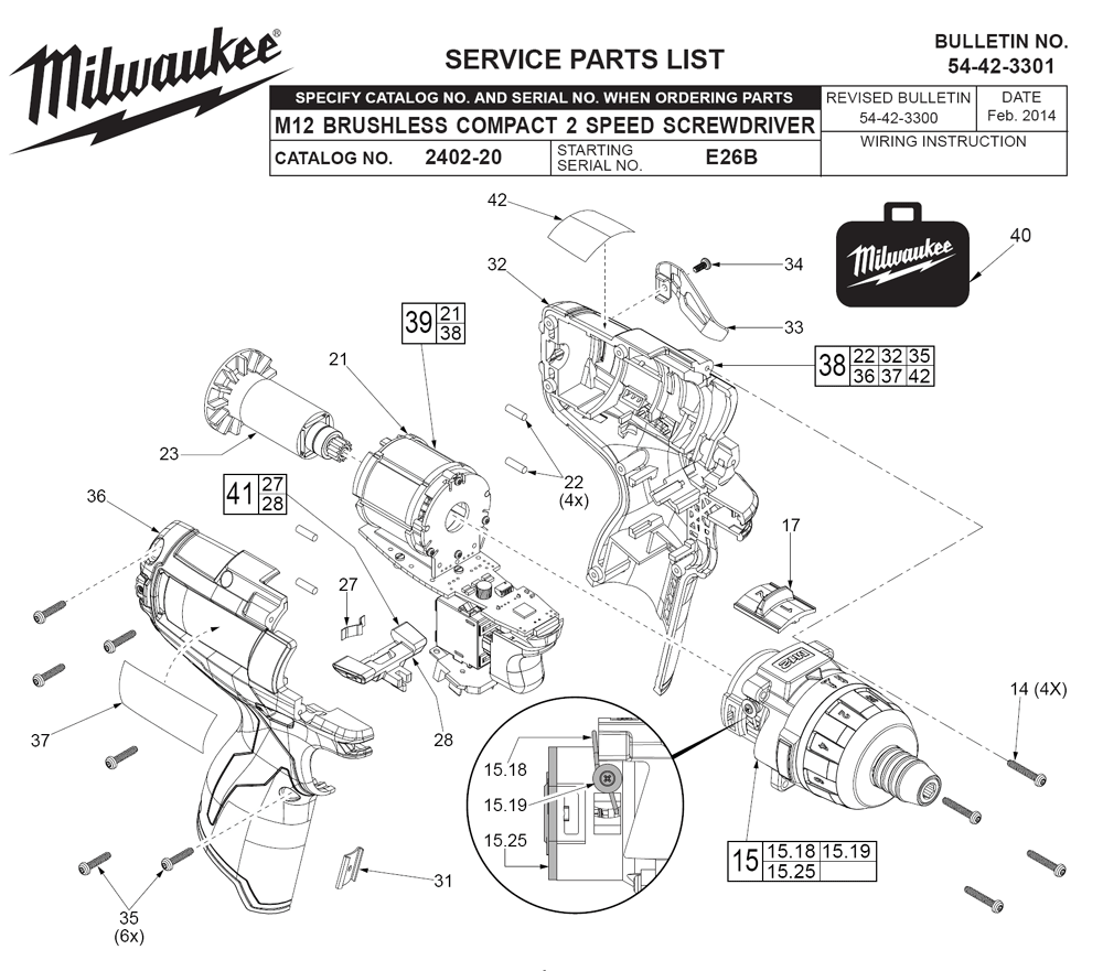 Fig-0 Diagram and Parts List for 2402-20 E26B Milwaukee Electric Drill