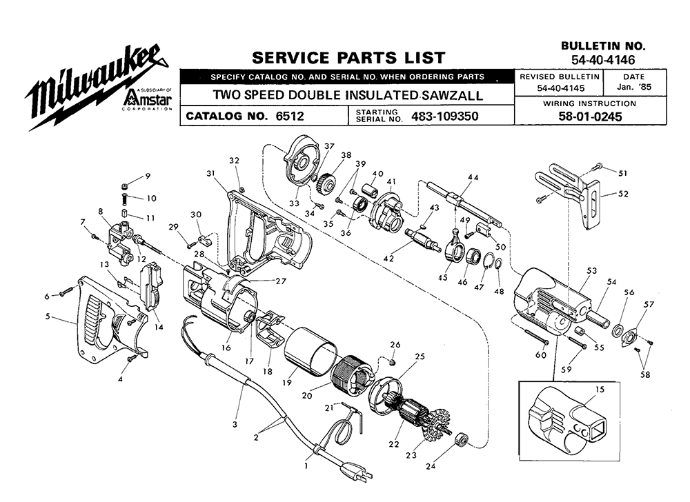 Fig-0 Diagram and Parts List for 6512-2 483-109350 Milwaukee Saw
