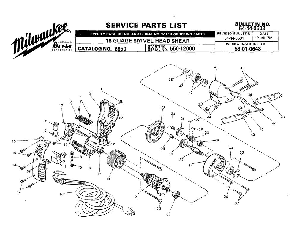 Fig-0 Diagram and Parts List for 6850 550-12000 Milwaukee Nibbler & Shears