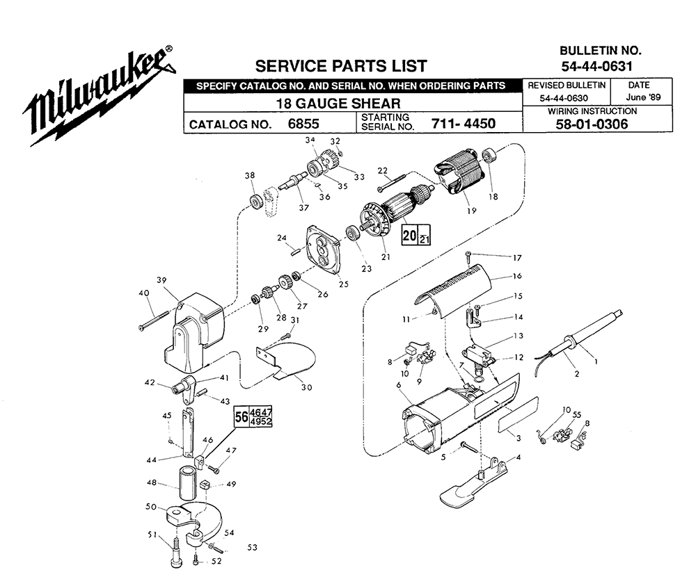 Fig-0 Diagram and Parts List for 6855 711-4450 Milwaukee Nibbler & Shears