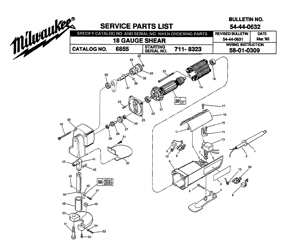 Fig-0 Diagram and Parts List for 6855 711-8323 Milwaukee Nibbler & Shears