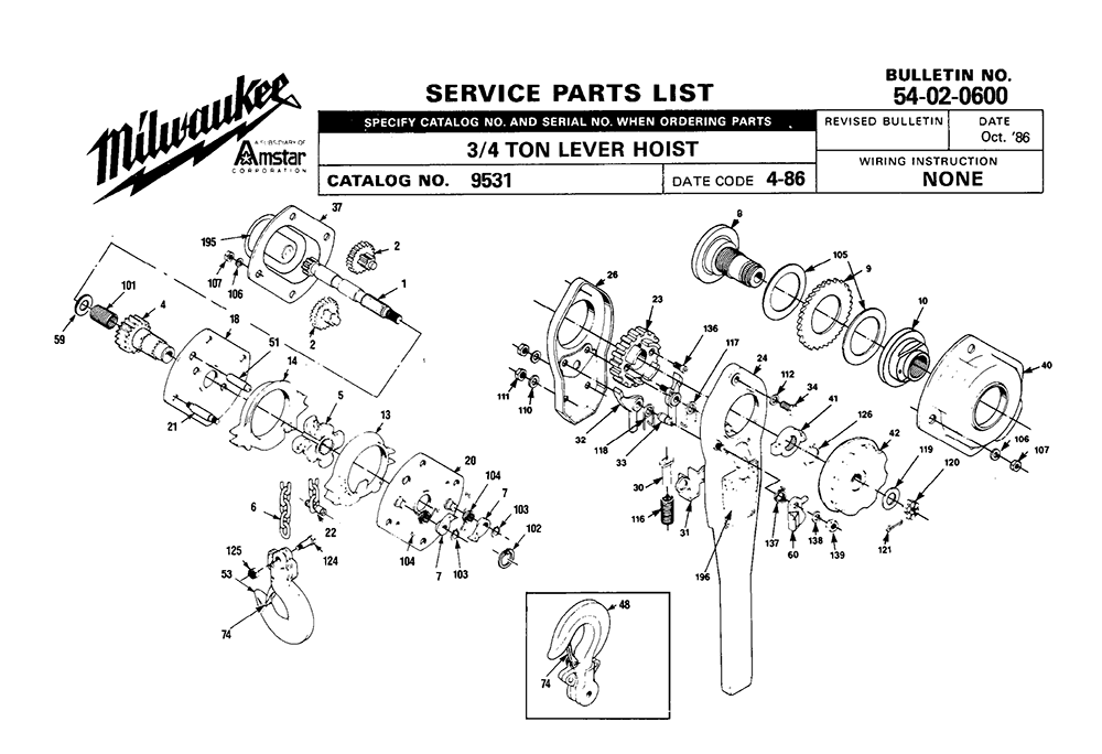 Fig-0 Diagram and Parts List for 9531 4-86 Milwaukee Hoist & Winch